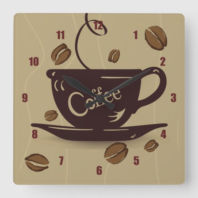 Coffee Cup and Beans Square Wall Clock (Front)