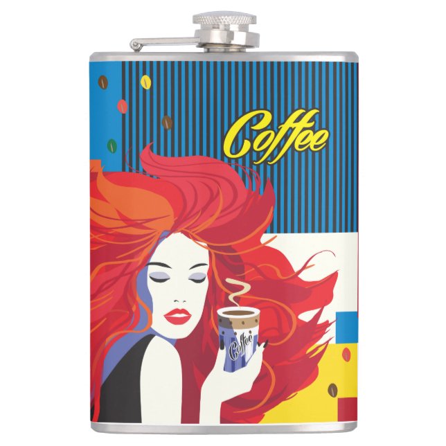 Coffee Cup Beautiful Fashion Woman POP-ART Trendy Hip Flask (Front)