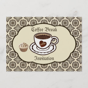 Coffee cup, cake on a damask pattern Party Invite