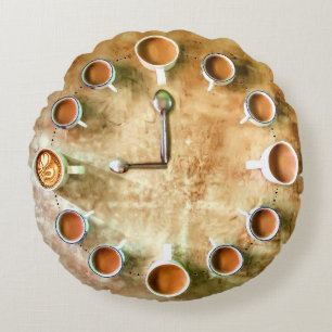 Coffee cup coffee time clock rustic brown round cushion