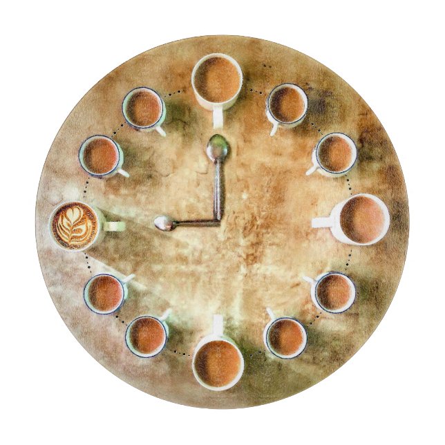Coffee cup coffee time clock rustic cutting board (Front)