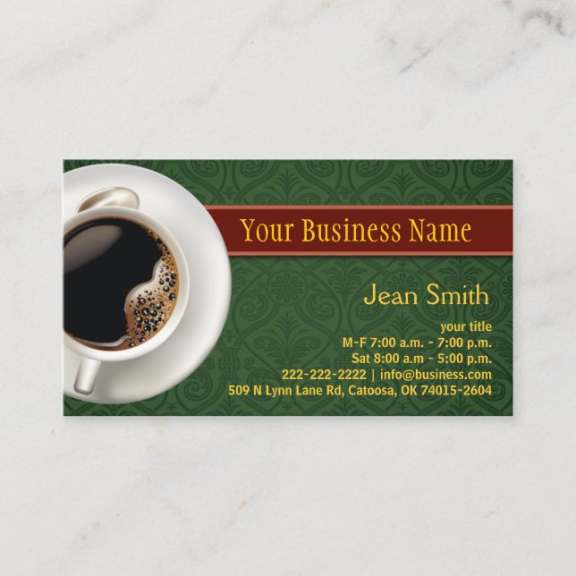Coffee Cup Damask Green Business Card (Front)