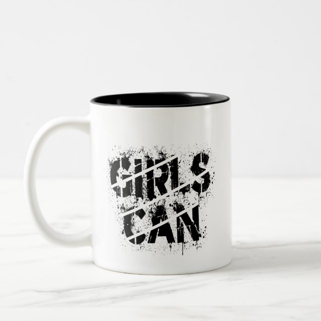 Coffee Cup: Girls Can Distressed design Two-Tone Coffee Mug (Left)