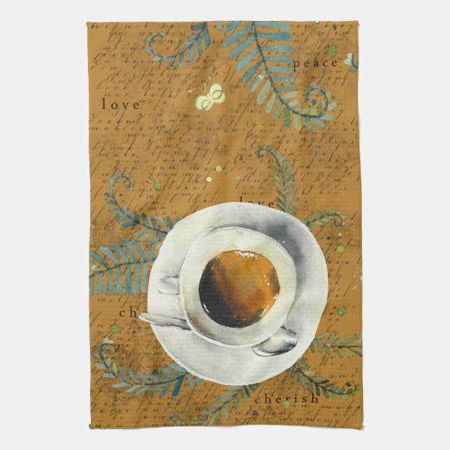 Coffee cup, love, peace, cherish, ferns  tea towel (Vertical)