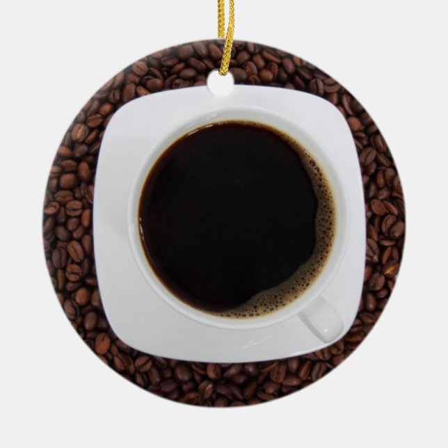 Coffee Cup on a Bed of Coffee Beans Ornament (Front)
