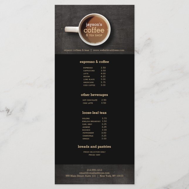 Coffee Cup on Black Wood Coffee Shop Menu Flyer (Front)