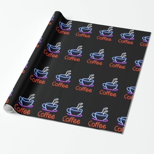 Coffee Cup On Neon Sign Wrapping Paper (Unrolled)