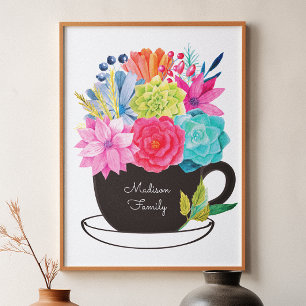 Coffee Cup Pink Red Flowers Kitchen Poster