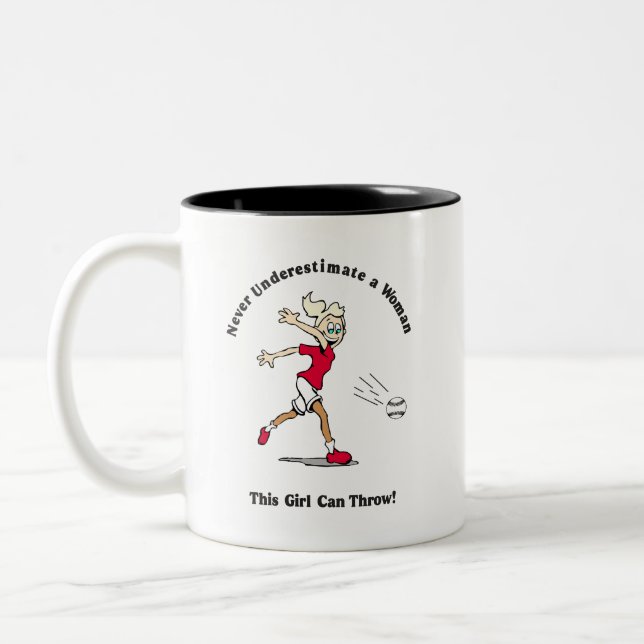 Coffee Cup: Softball Baseball Girl Throwing Two-Tone Coffee Mug (Left)