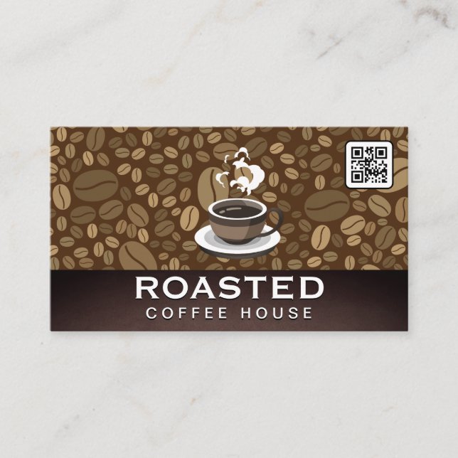Coffee Cup Steaming | QR Code | Beans Business Card (Front)