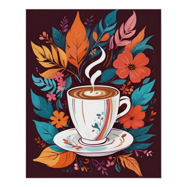 Coffee Cup with Colourful Leaves Poster (Front)