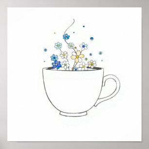 Coffee Cup with Floral Steam Line Art Poster