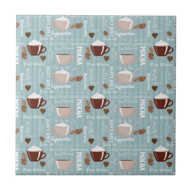 Coffee Cups Blue Vertical Lines Caffeine Grains Tile (Front)