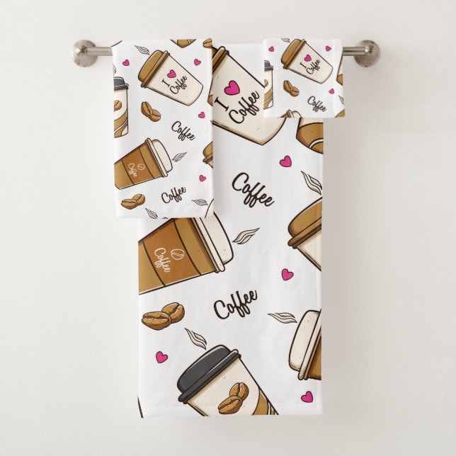Coffee Cups, Coffee Beans, Coffee Lover, Hearts Bath Towel Set (Insitu)