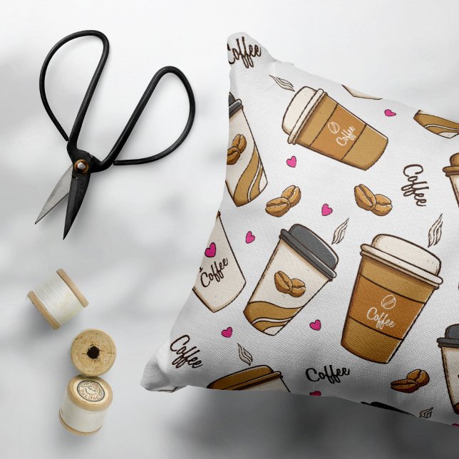 Coffee Cups, Coffee Beans, Coffee Lover, Hearts Decorative Cushion (Creator Uploaded)