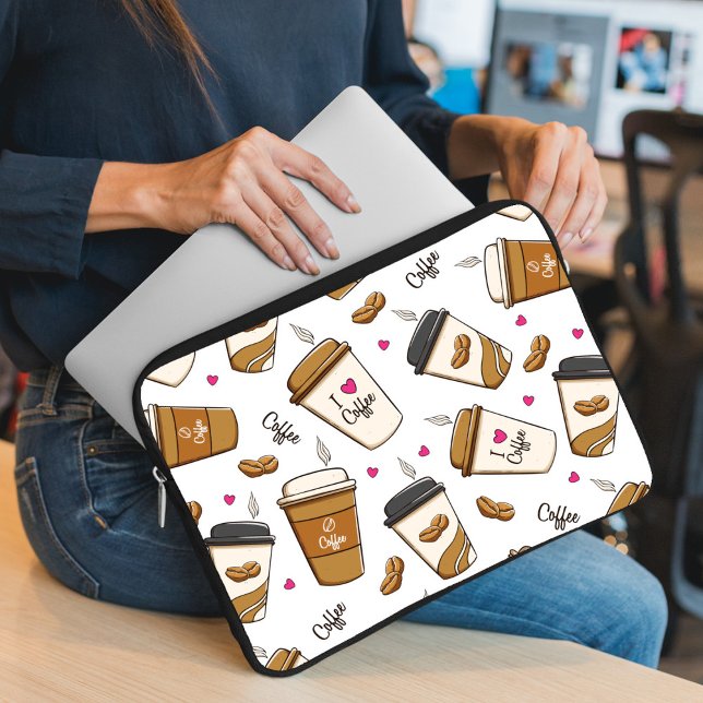 Coffee Cups, Coffee Beans, Coffee Lover, Hearts Laptop Sleeve (Creator Uploaded)