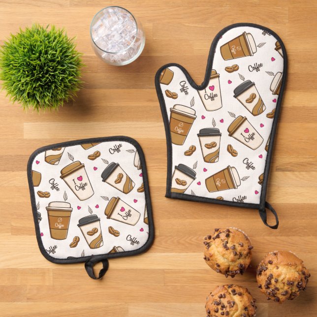 Coffee Cups, Coffee Beans, Coffee Lover, Hearts Oven Mitt & Pot Holder Set (Top Down)