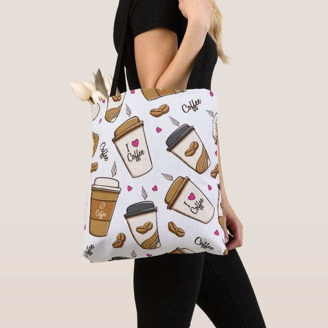 Coffee Cups, Coffee Beans, Coffee Lover, Hearts Tote Bag (Close Up)