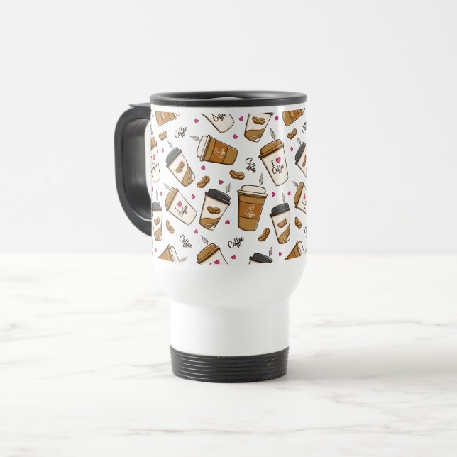 Coffee Cups, Coffee Beans, Coffee Lover, Hearts Travel Mug (Front Left)