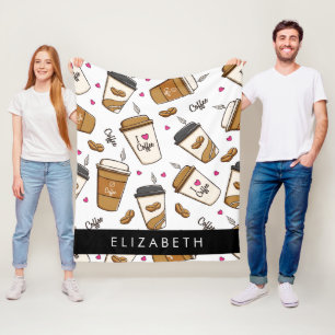 Coffee Cups, Coffee Beans, Coffee Lover, Your Name Fleece Blanket