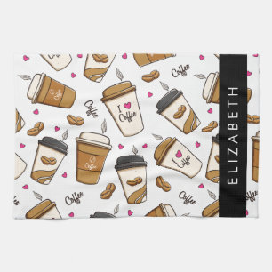 Coffee Cups, Coffee Beans, Coffee Lover, Your Name Tea Towel