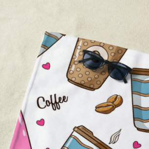 Coffee Cups, Coffee Beans, Hearts, Coffee Lover Beach Towel