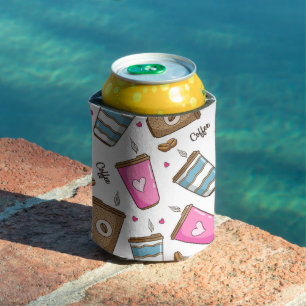Coffee Cups, Coffee Beans, Hearts, Coffee Lover Can Cooler