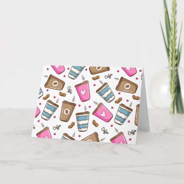 Coffee Cups, Coffee Beans, Hearts, Coffee Lover Card (Front)