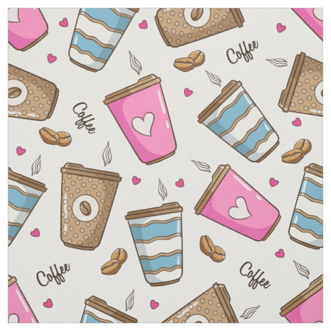Coffee Cups, Coffee Beans, Hearts, Coffee Lover Fabric (Swatch)