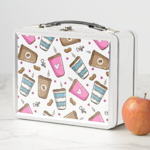 Coffee Cups, Coffee Beans, Hearts, Coffee Lover Metal Lunch Box
