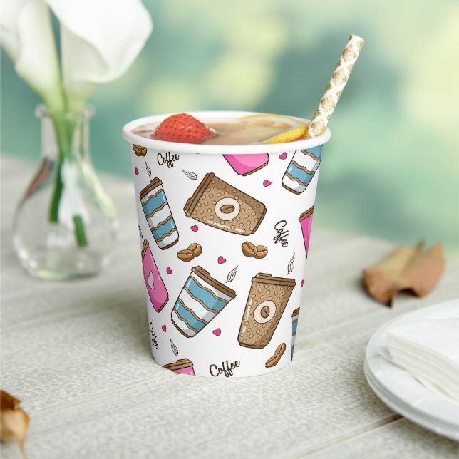 Coffee Cups, Coffee Beans, Hearts, Coffee Lover Paper Cups (Insitu)