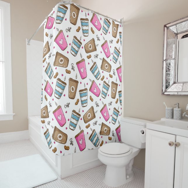 Coffee Cups, Coffee Beans, Hearts, Coffee Lover Shower Curtain (In Situ)