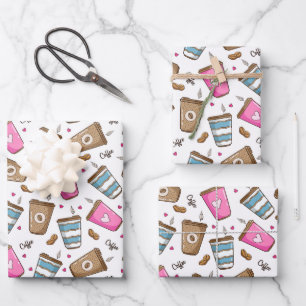 Coffee Cups, Coffee Beans, Hearts, Coffee Lover Wrapping Paper Sheet
