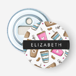 Coffee Cups, Coffee Beans, Hearts, Your Name Bottle Opener