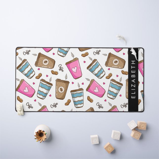 Coffee Cups, Coffee Beans, Hearts, Your Name Desk Mat (Kids Table)