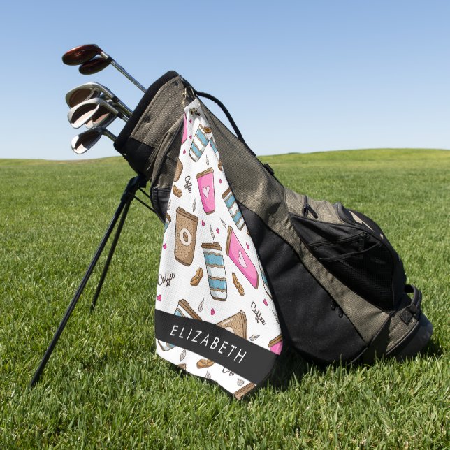 Coffee Cups, Coffee Beans, Hearts, Your Name Golf Towel (Green)