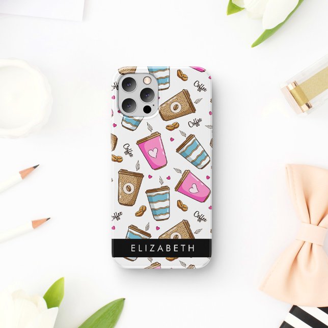 Coffee Cups, Coffee Beans, Hearts, Your Name iPhone 16 Case (Creator Uploaded)