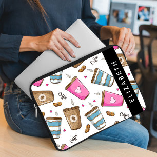 Coffee Cups, Coffee Beans, Hearts, Your Name Laptop Sleeve
