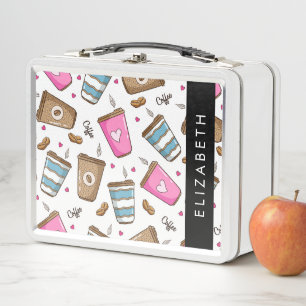 Coffee Cups, Coffee Beans, Hearts, Your Name Metal Lunch Box