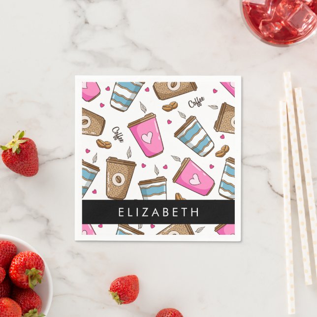 Coffee Cups, Coffee Beans, Hearts, Your Name Napkin (Insitu)