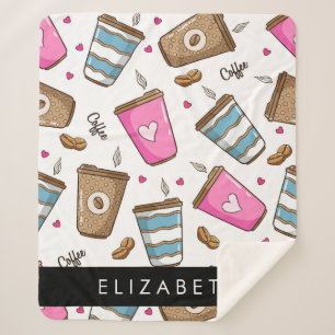 Coffee Cups, Coffee Beans, Hearts, Your Name Sherpa Blanket