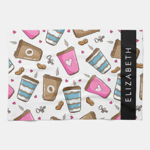 Coffee Cups, Coffee Beans, Hearts, Your Name Tea Towel