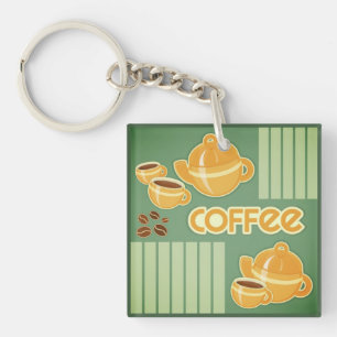 Coffee Cups, Coffee Pot And Coffee Beans Key Ring