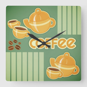 Coffee Cups, Coffee Pot And Coffee Beans Square Wall Clock