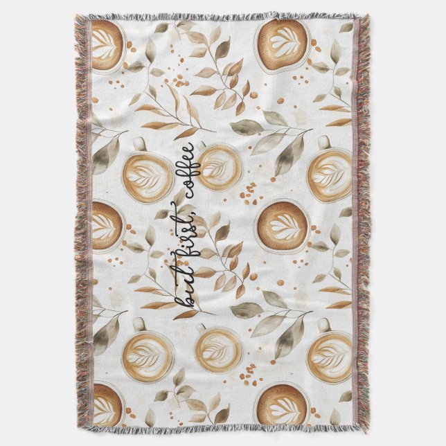Coffee Cups Leaves Throw Blanket (Front Vertical)