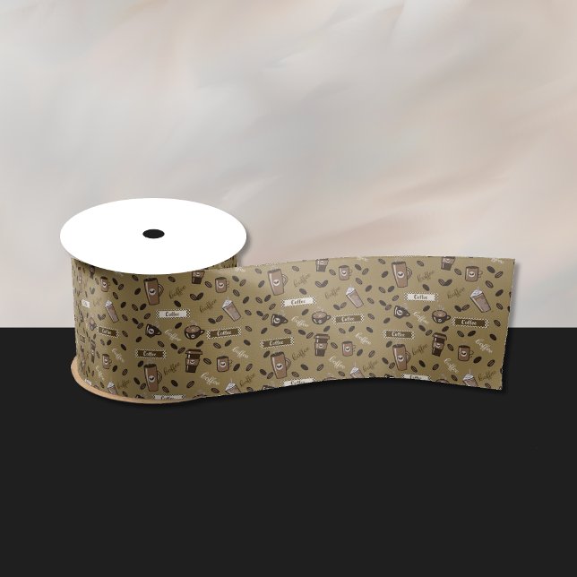 Coffee Cups Pattern and Word Art Ribbon Satin Ribbon (Coffee art pattern beige ribbon .)