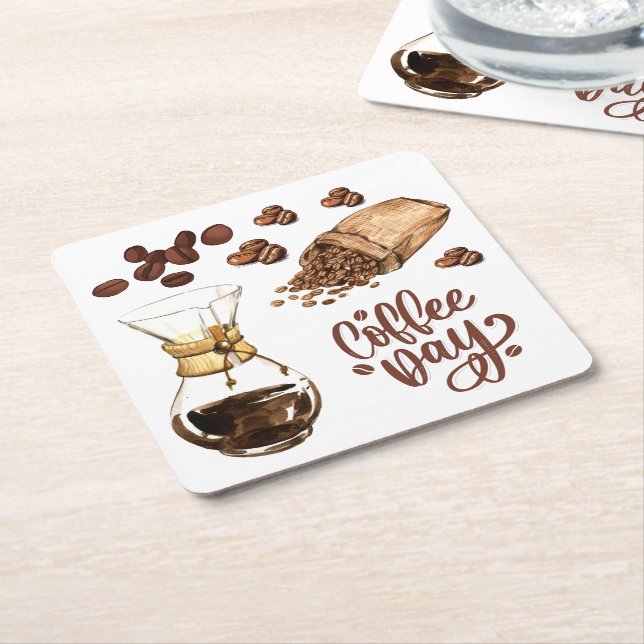 Coffee day Cool rustic brown Espresso White Square Paper Coaster (Angled)