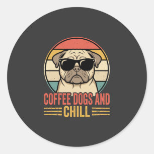 Coffee Dogs and Chill Retro Pug Classic Round Sticker