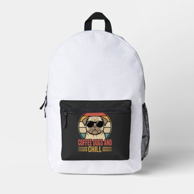 Coffee Dogs and Chill Retro Pug Printed Backpack (Front)