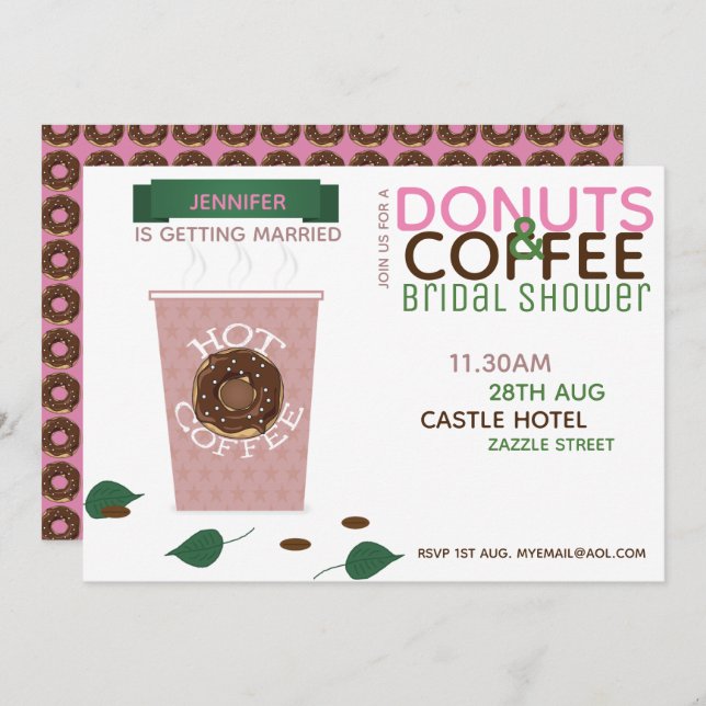 COFFEE DONUTS Bridal Shower Invitation Pink Green (Front/Back)